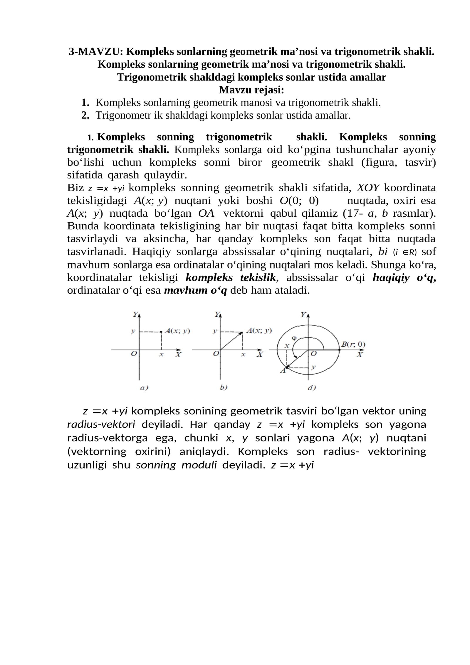 Kompleks sonlarning geometrik ma’nosi va trigonometrik shakli