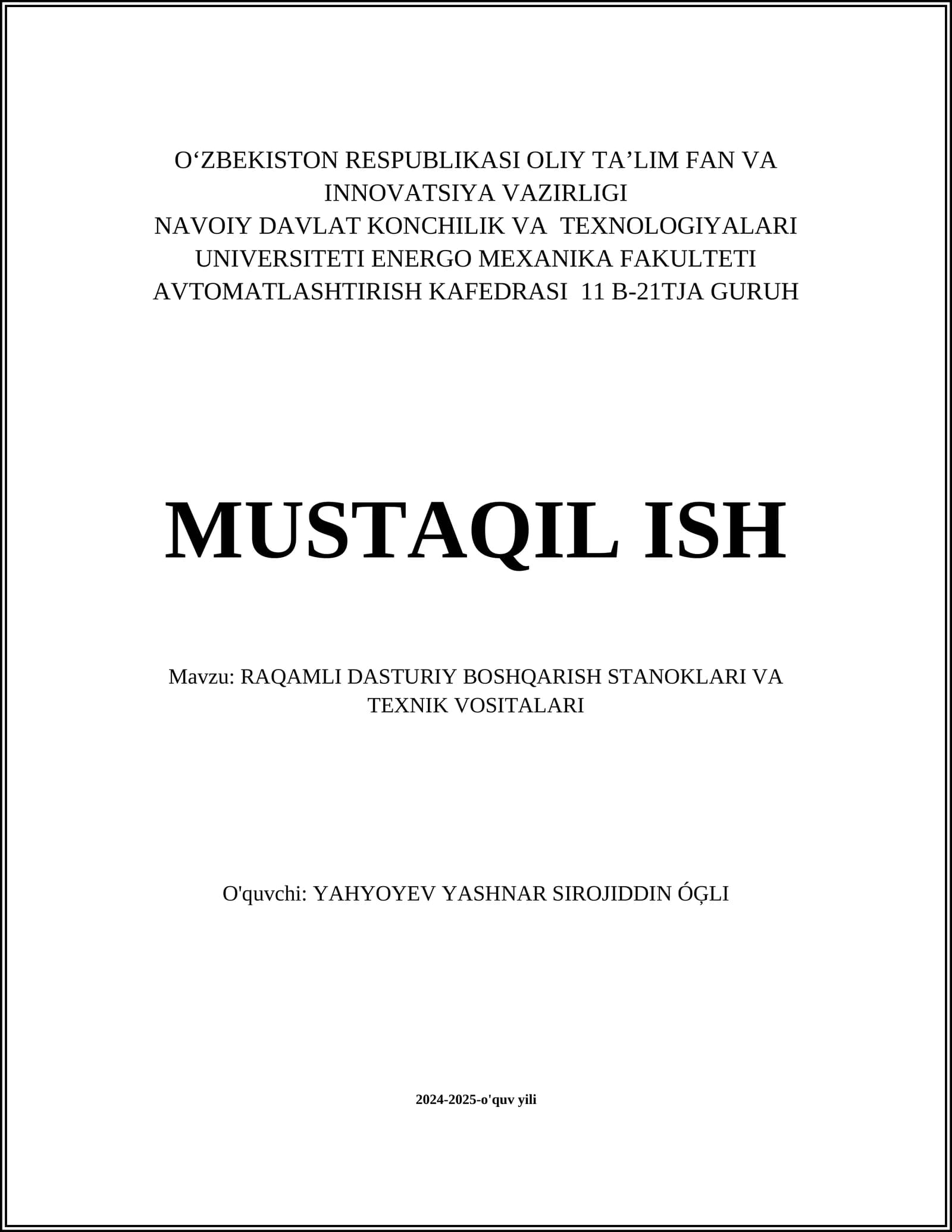 RAQAMLI DASTURIY BOSHQARISH STANOKLARI VA TEXNIK VOSITALARI