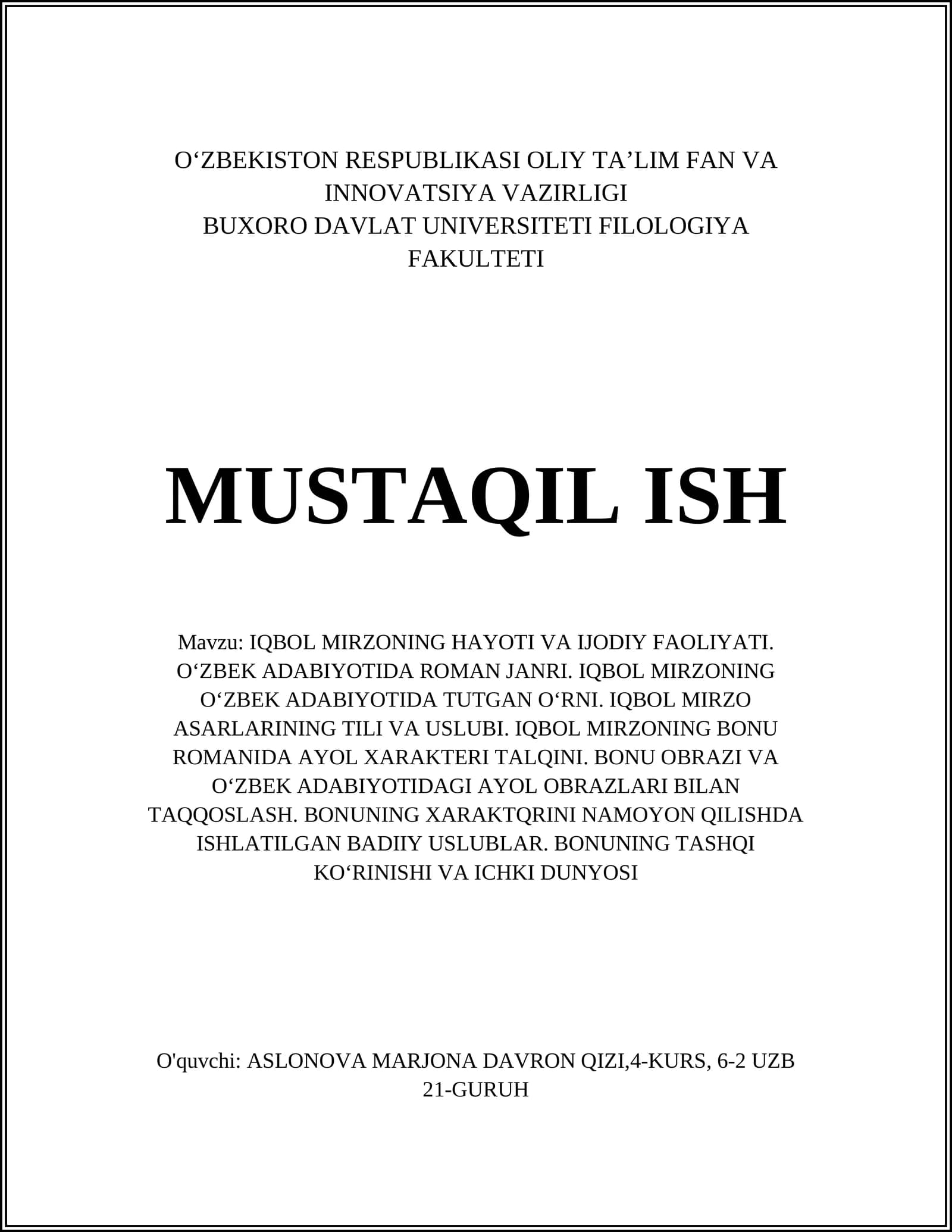 IQBOL MIRZONING HAYOTI VA IJODIY FAOLIYATI