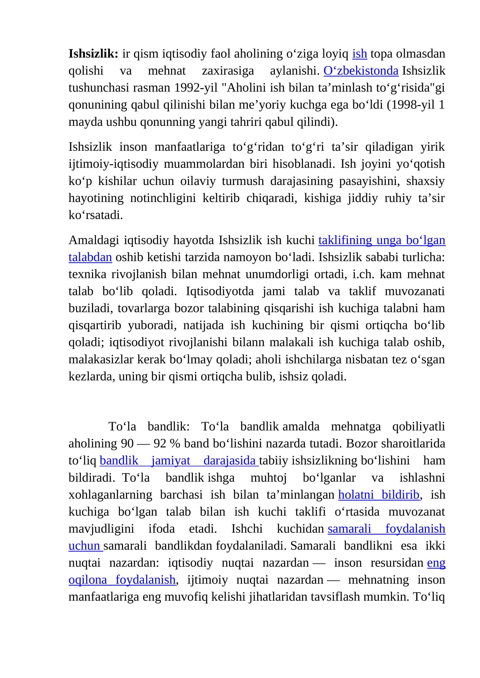 Ishsizlik: Iqtisodiy muammolari