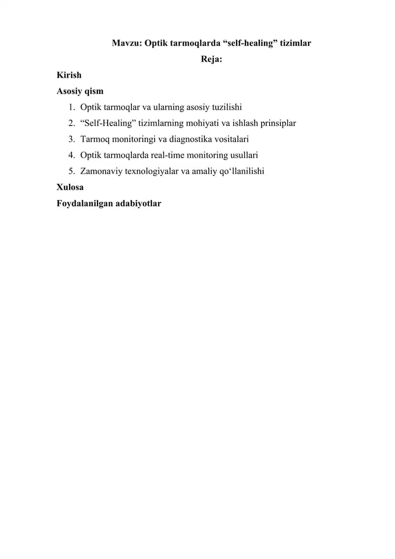 Optik tarmoqlarda “self-healing” tizimlar