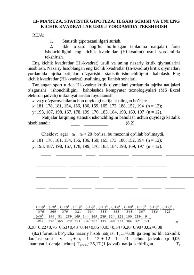 STATISTIK GIPOTEZA: ILGARI SURISH VA UNI ENG KICHIK KVADRATLAR USULI YORDAMIDA TEKSHIRISH