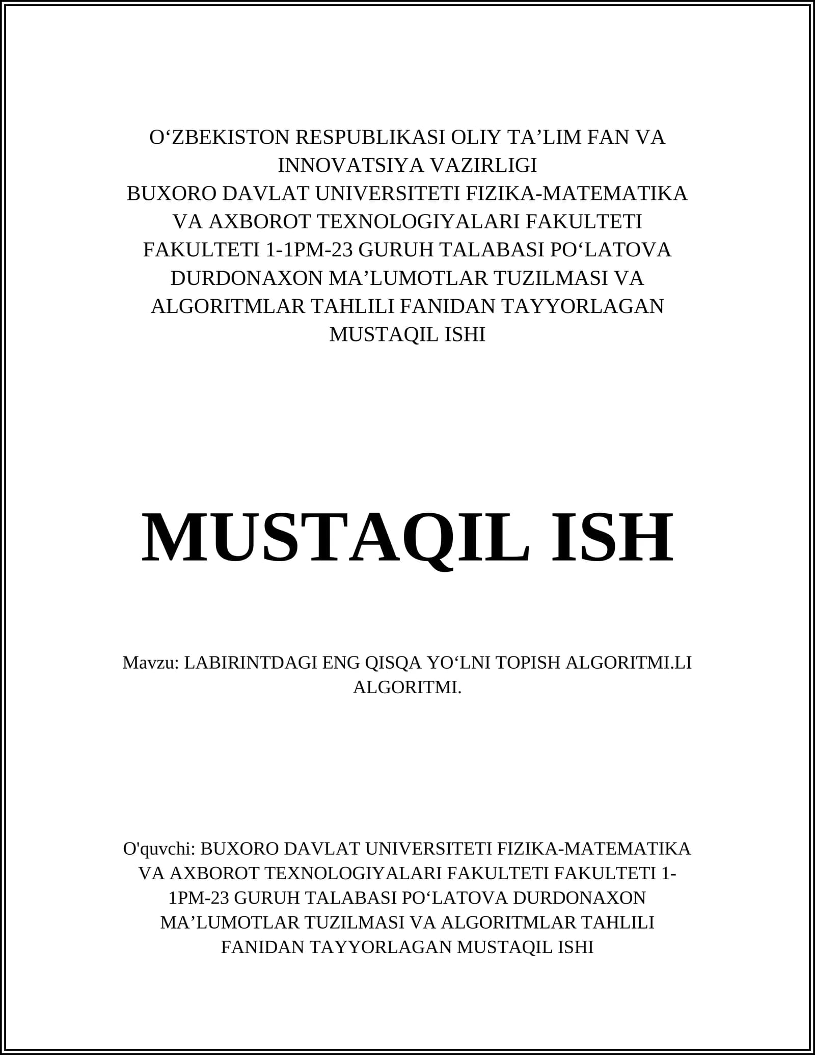 LABIRINTDAGI ENG QISQA YO‘LNI TOPISH ALGORITMI