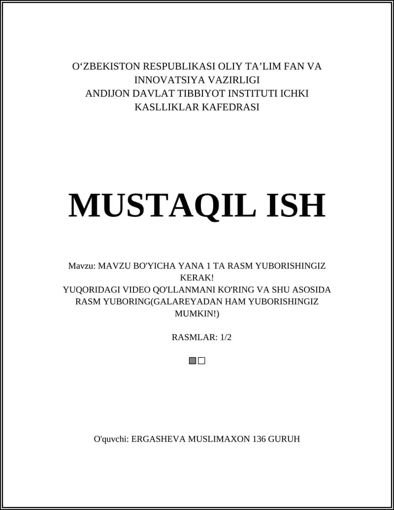 MAVZU BO'YICHA YANA 1 TA RASM YUBORISHINGIZ KERAK!
