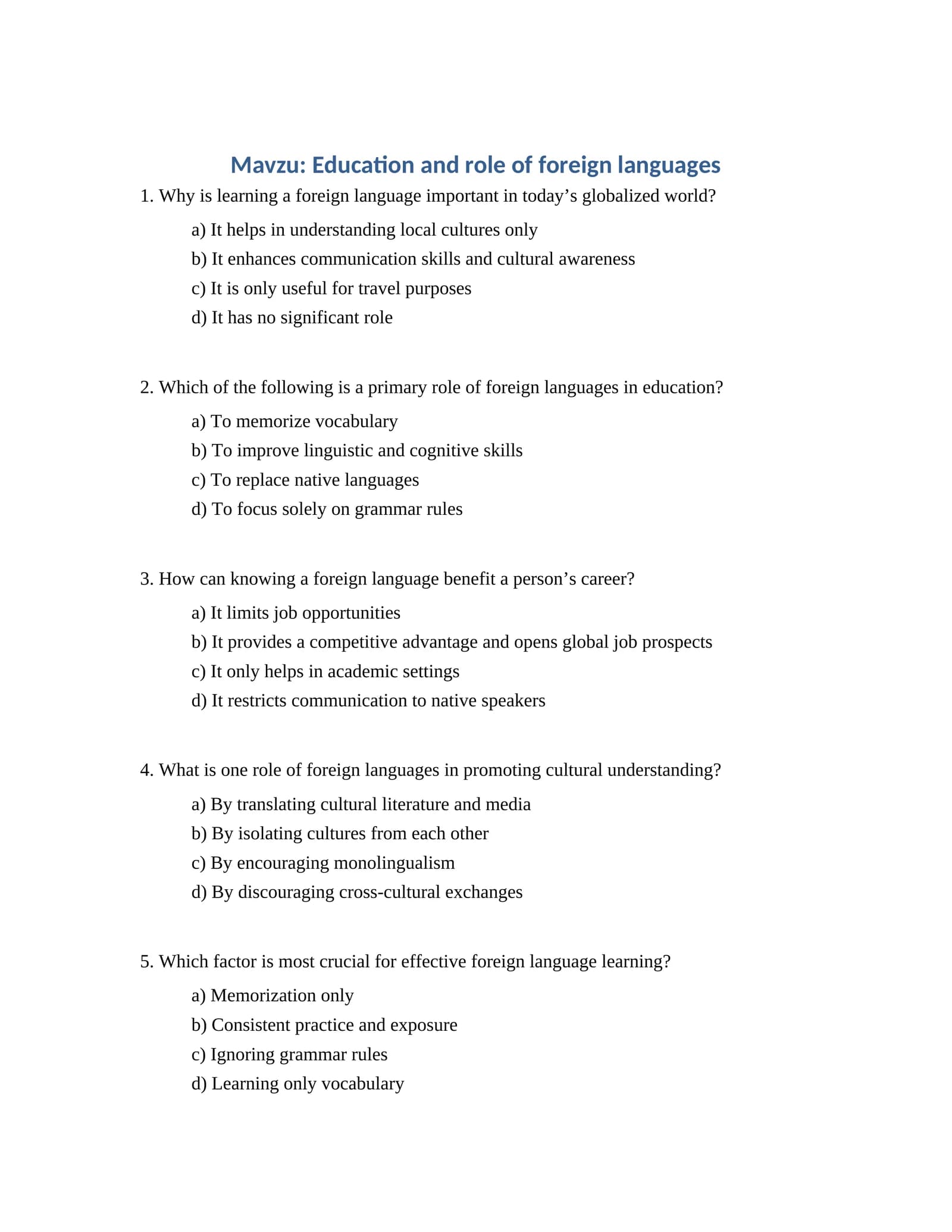 Education and role of foreign languages