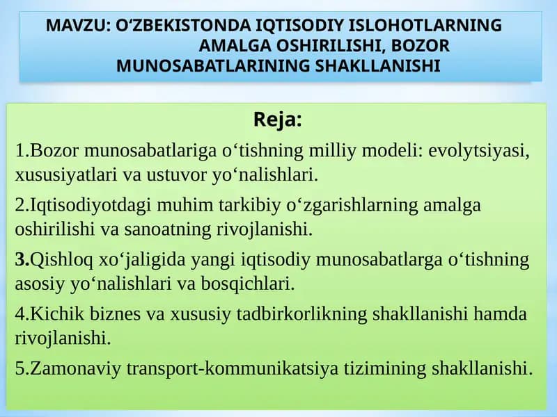 O‘ZBEKISTONDA IQTISODIY ISLOHOTLARNINGAMALGA OSHIRILISHI, BOZOR MUNOSABATLARINING SHAKLLANISHI