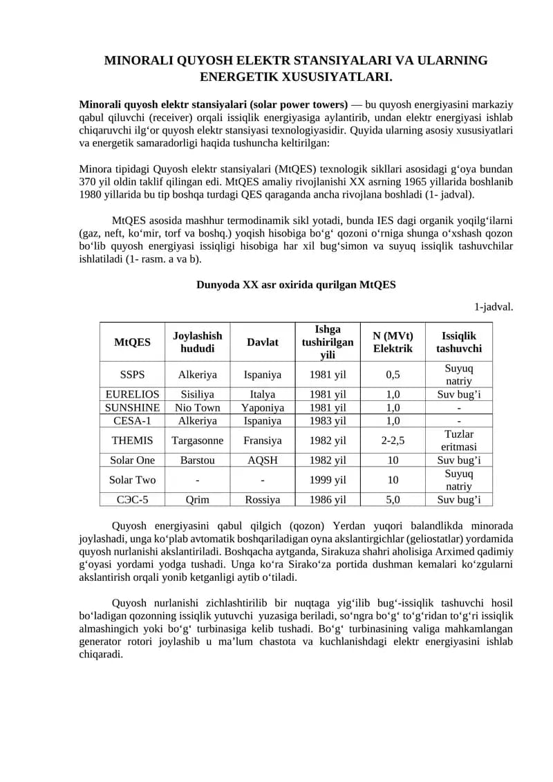 Minorali quyosh elektr stansiyalari va ularning energetik xususiyatlari