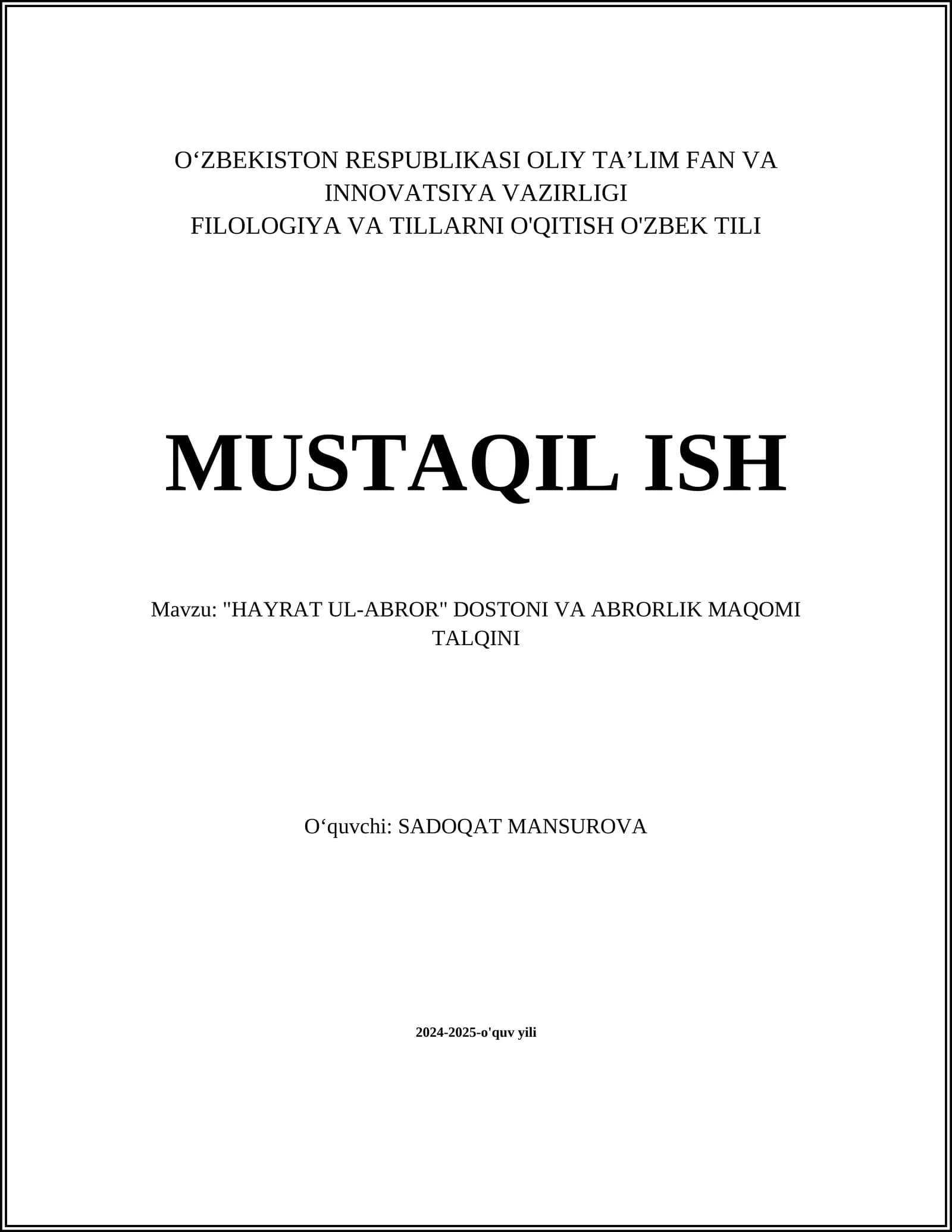 "HAYRAT UL-ABROR" DOSTONI VA ABRORLIK MAQOMI TALQINI