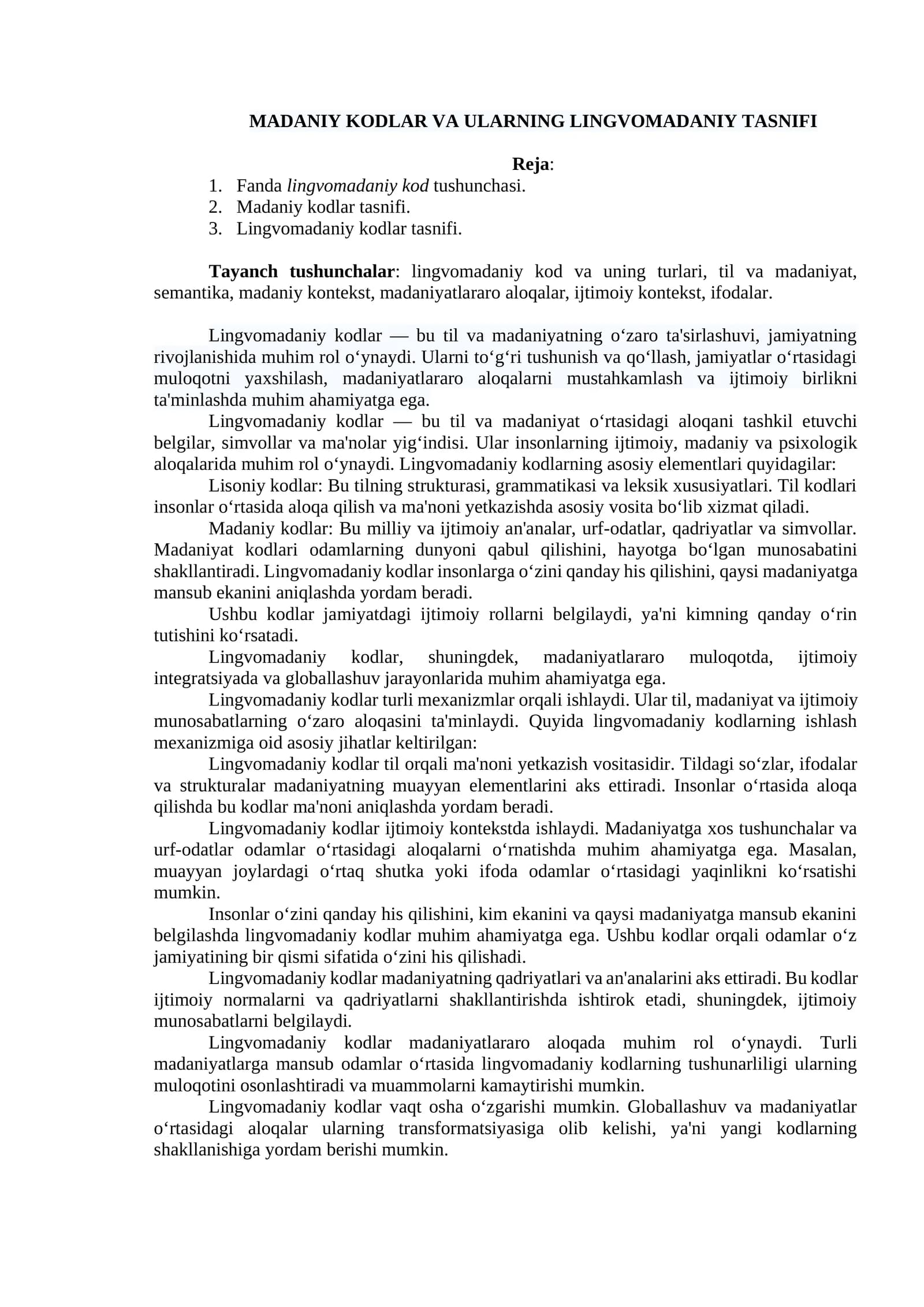MADANIY KODLAR VA ULARNING LINGVOMADANIY TASNIFI