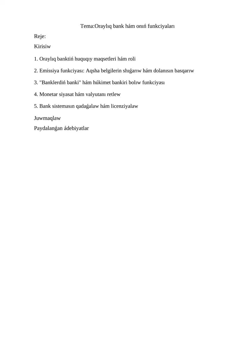 Oraylıq bank hám onıń funkciyaları