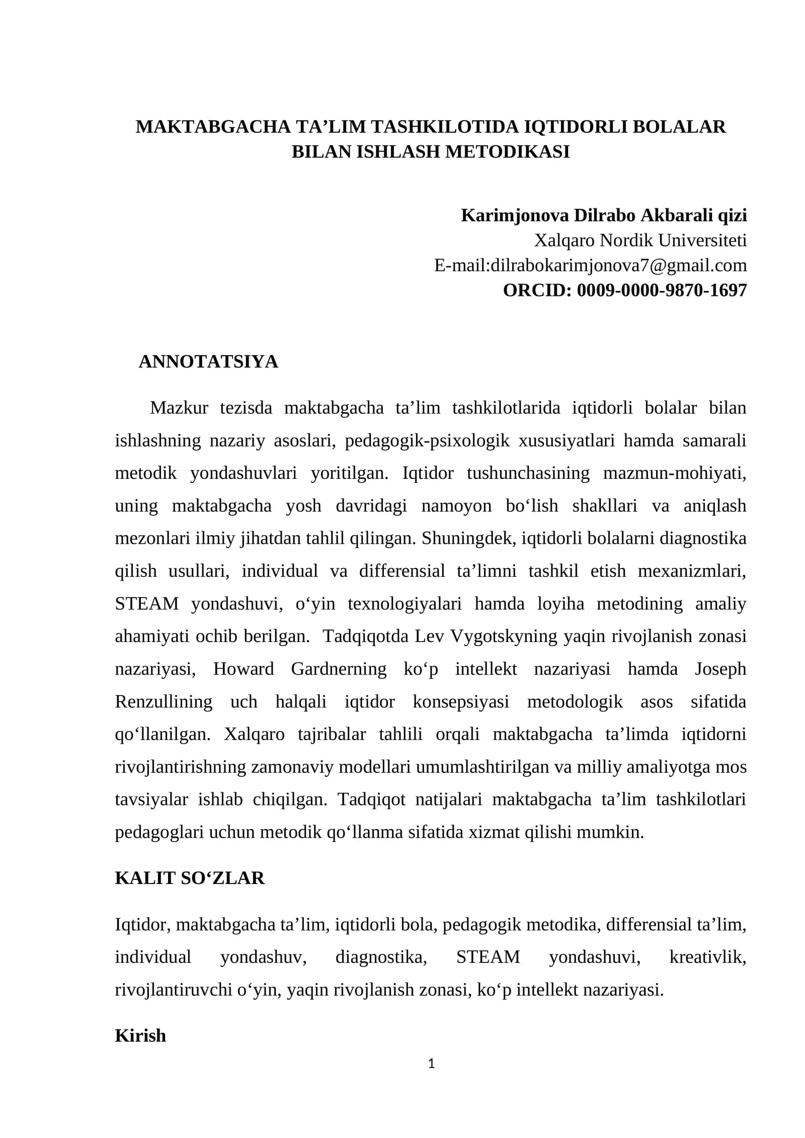 MAKTABGACHA TA’LIM TASHKILOTIDA IQTIDORLI BOLALAR BILAN ISHLASH METODIKASI
