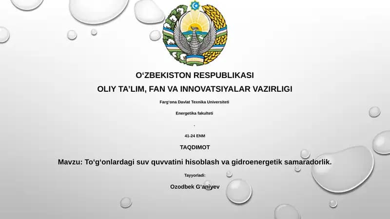 To‘g‘onlardagi suv quvvatini hisoblash va gidroenergetik samaradorlik