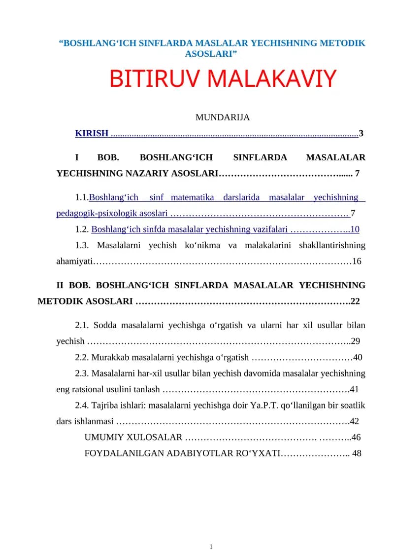 “BОSHLАNG‘ICH SINFLАRDА MASLALAR YECHISHNING METODIK ASOSLARI”