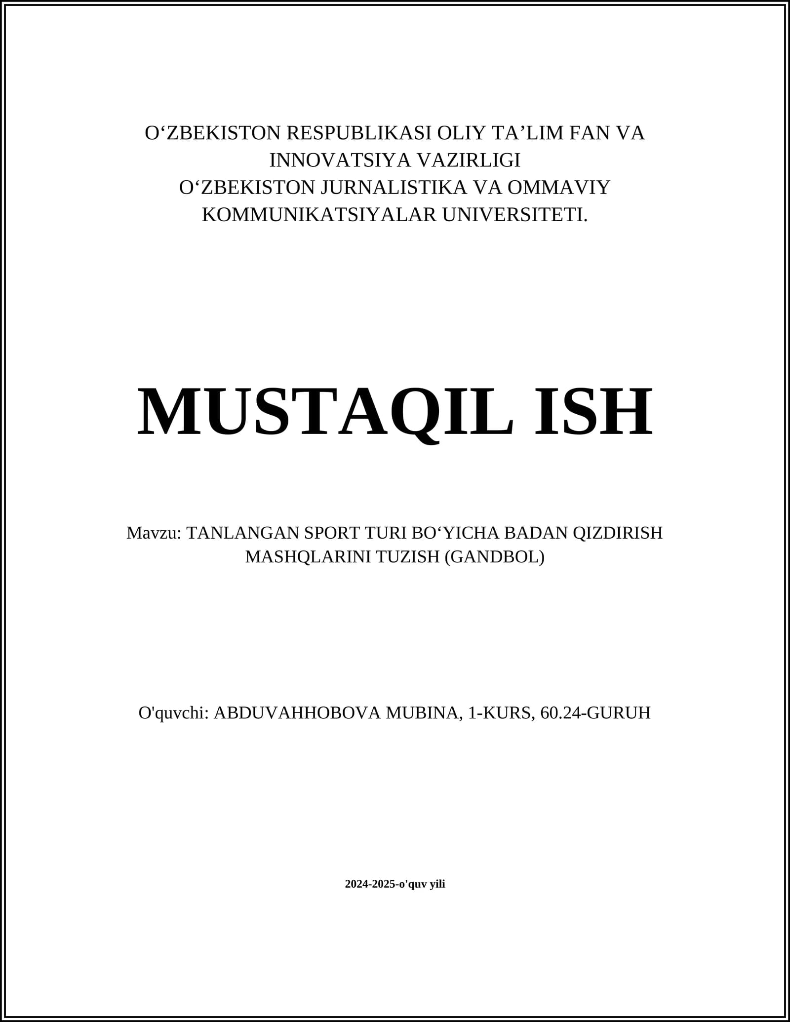 TANLANGAN SPORT TURI BO‘YICHA BADAN QIZDIRISH MASHQLARINI TUZISH (GANDBOL)