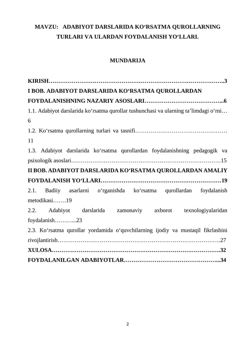 ADABIYOT DARSLARIDA KO‘RSATMA QUROLLARNING TURLARI VA ULARDAN FOYDALANISH YO‘LLARI