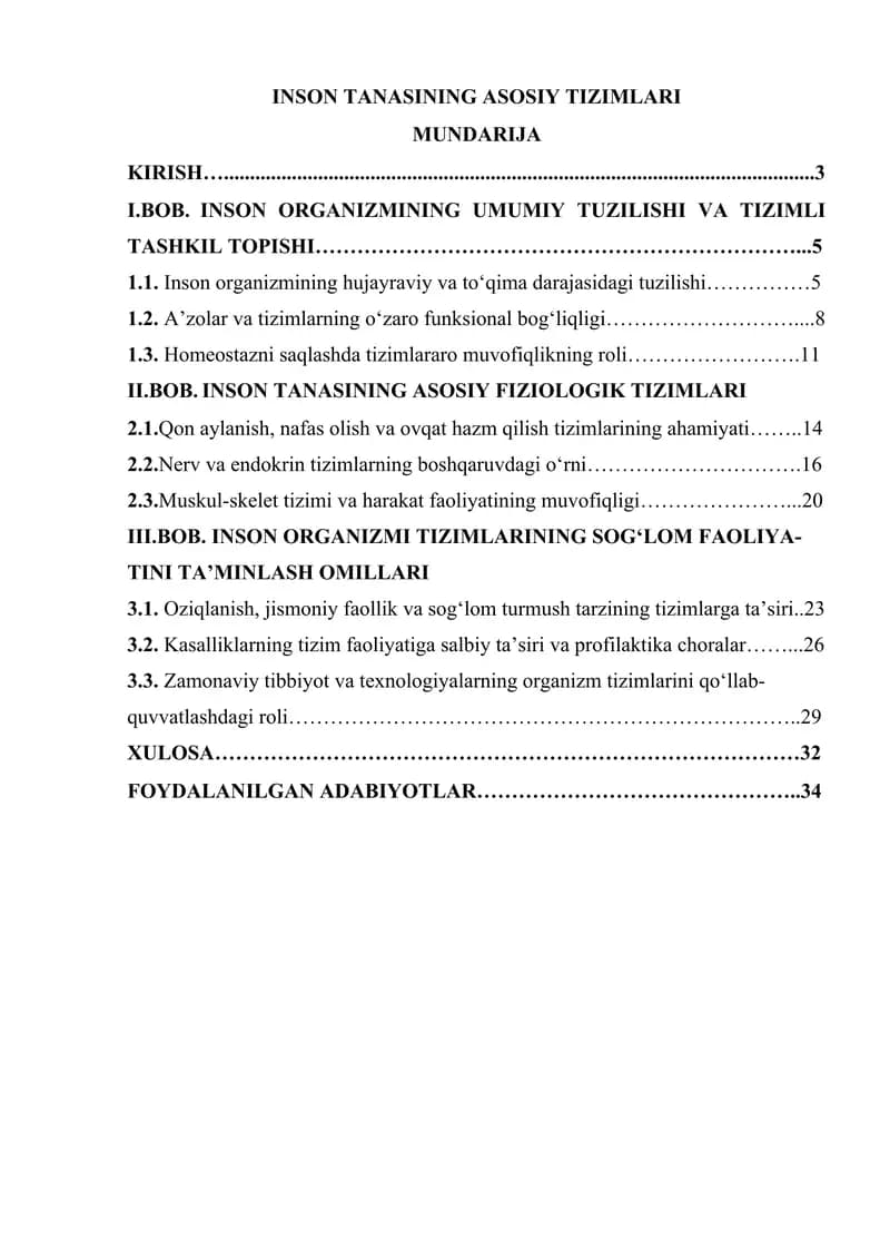 INSON TANASINING ASOSIY TIZIMLARI