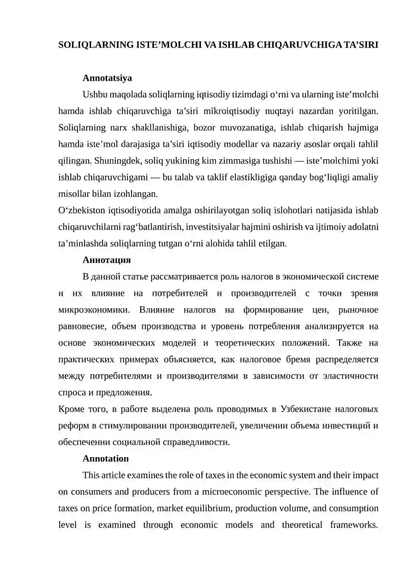 SOLIQLARNING ISTE’MOLCHI VA ISHLAB CHIQARUVCHIGA TA’SIRI