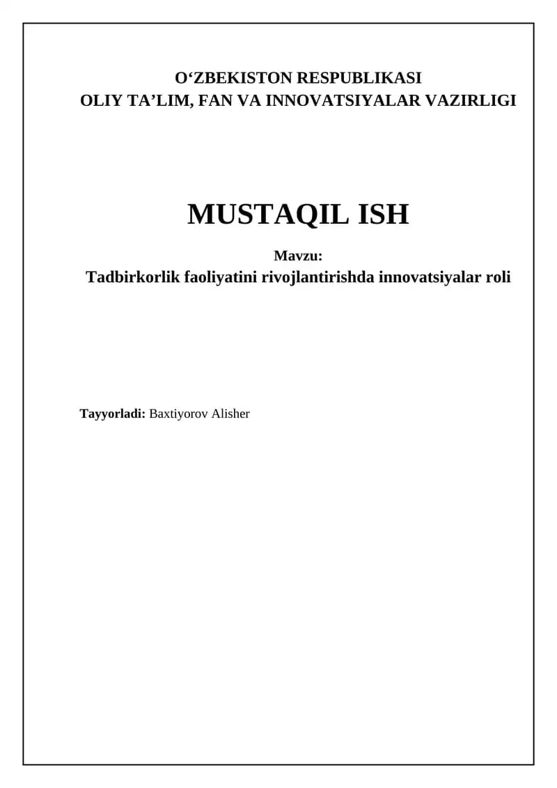 Tadbirkorlik Faoliyatini Rivojlantirishda Innovatsiyalar Roli