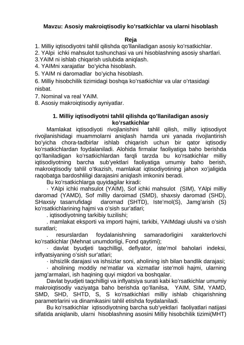 Asosiy makroiqtisodiy ko’rsatkichlar va ularni hisoblash