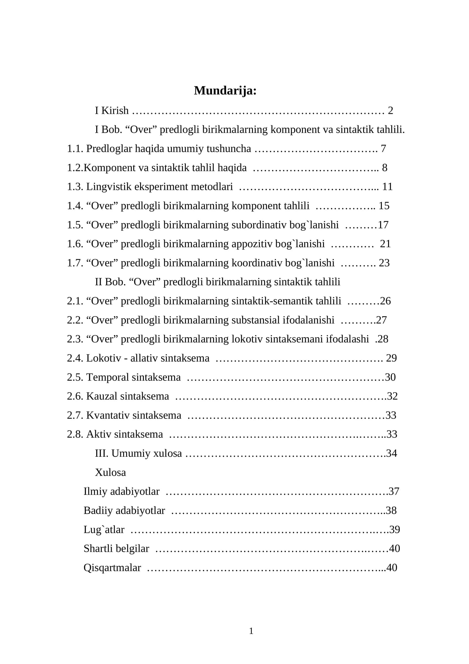 “Over” predlogli birikmalarning komponent va sintaktik tahlili