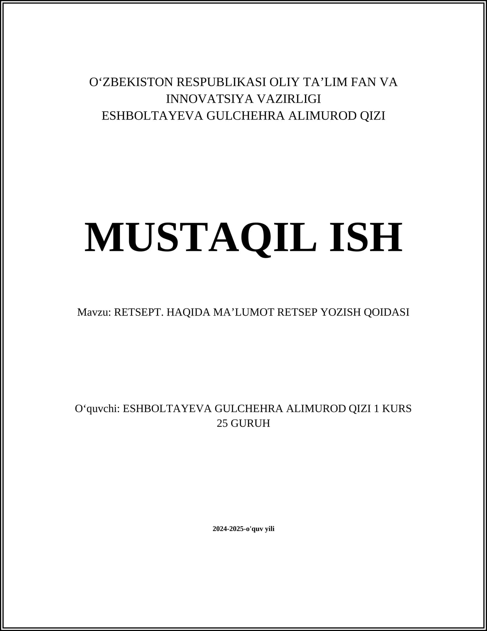 RETSEPT. HAQIDA MAʼLUMOT RETSEP YOZISH QOIDASI