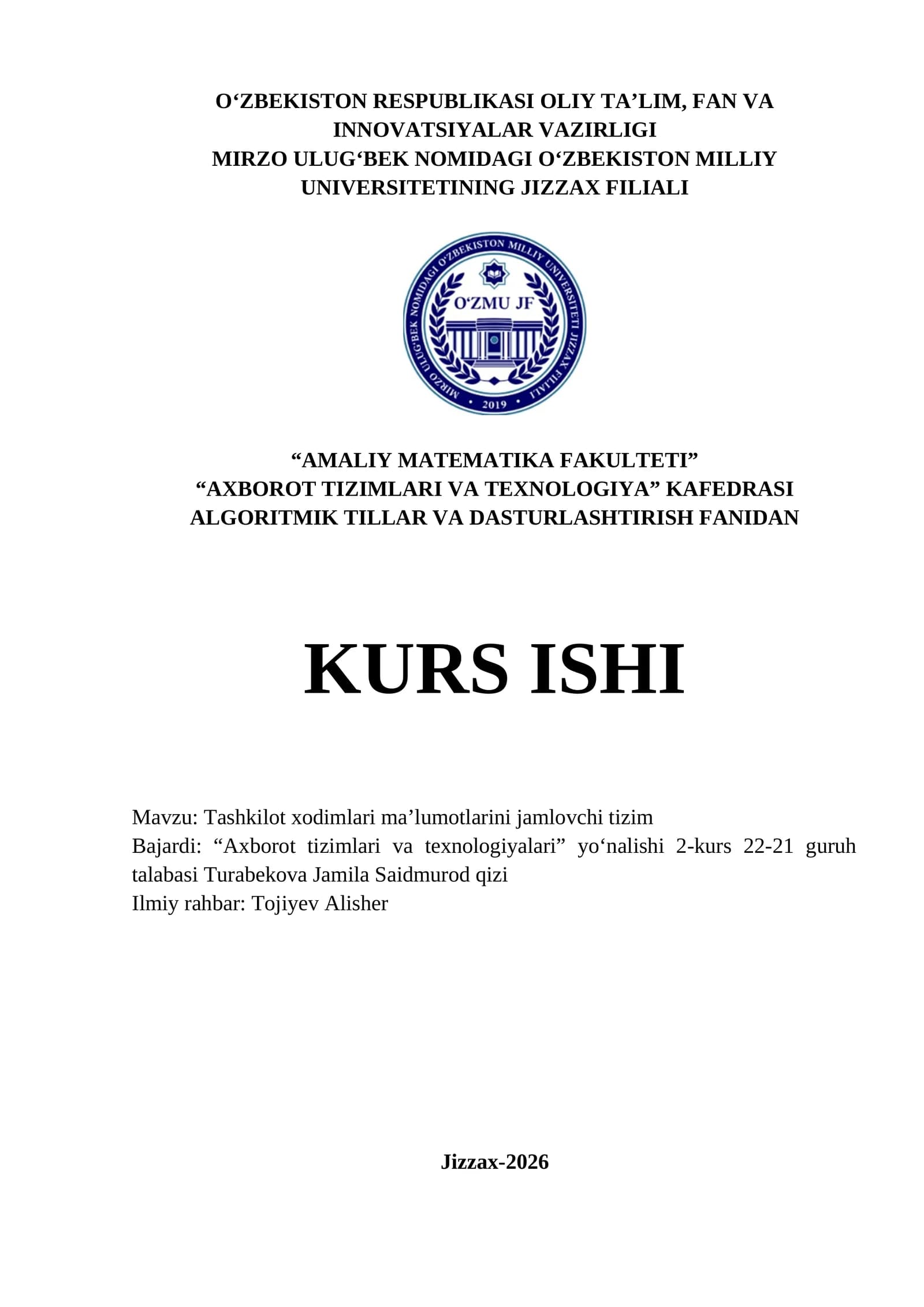 Tashkilot xodimlari ma’lumotlarini jamlovchi tizim