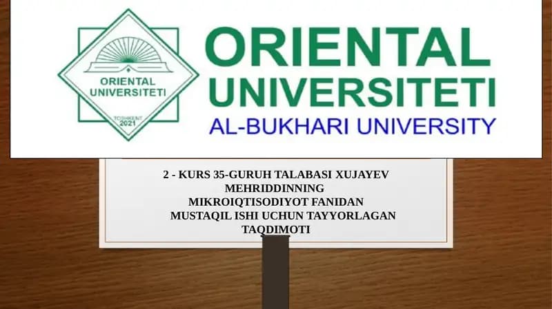 MIKROIQTISODIYOT FANIDAN MUSTAQIL ISHI UCHUN TAYYORLAGAN TAQDIMOTI