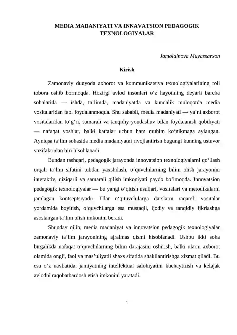 MEDIA MADANIYATI VA INNAVATSION PEDAGOGIK TEXNOLOGIYALAR