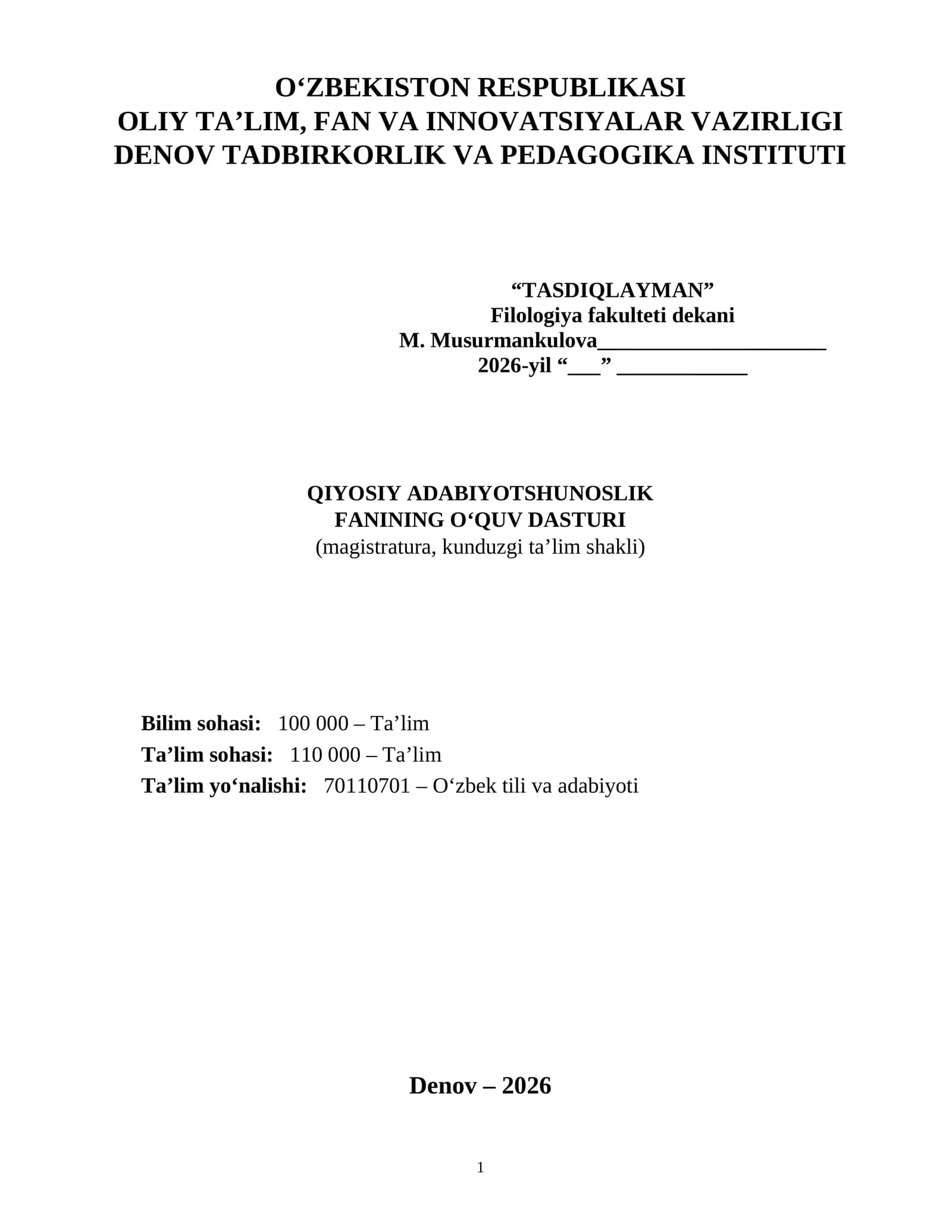 QIYOSIY ADABIYOTSHUNOSLIK FANINING O‘QUV DASTURI