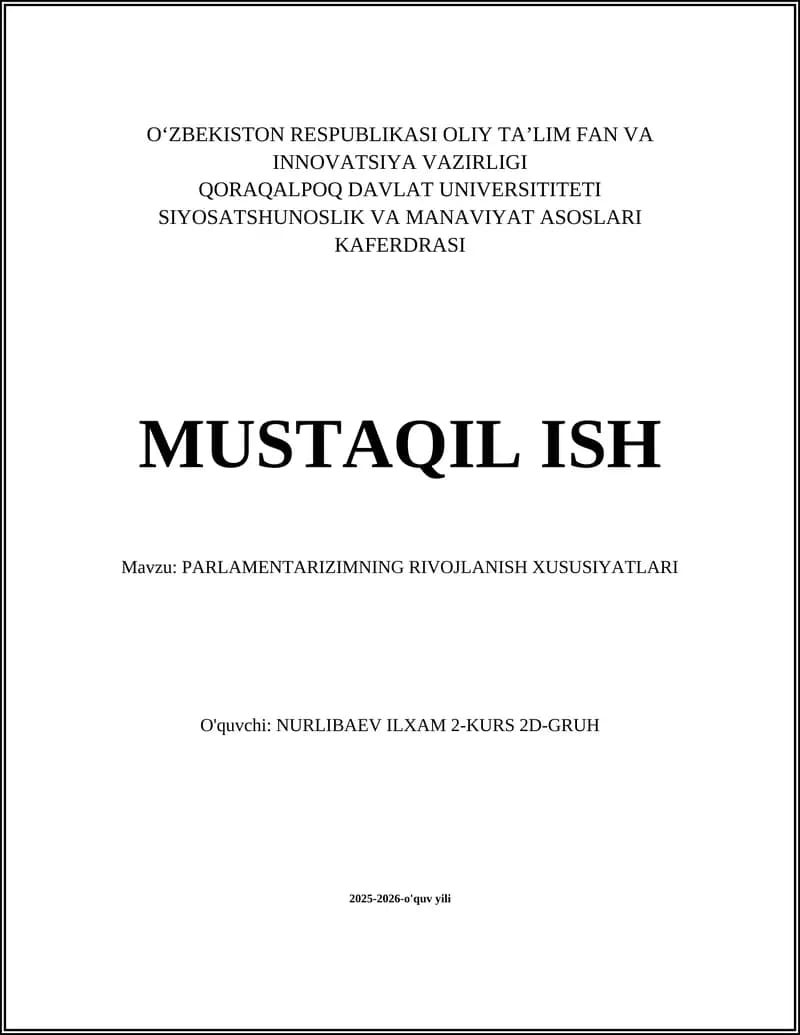 PARLAMENTARIZIMNING RIVOJLANISH XUSUSIYATLARI