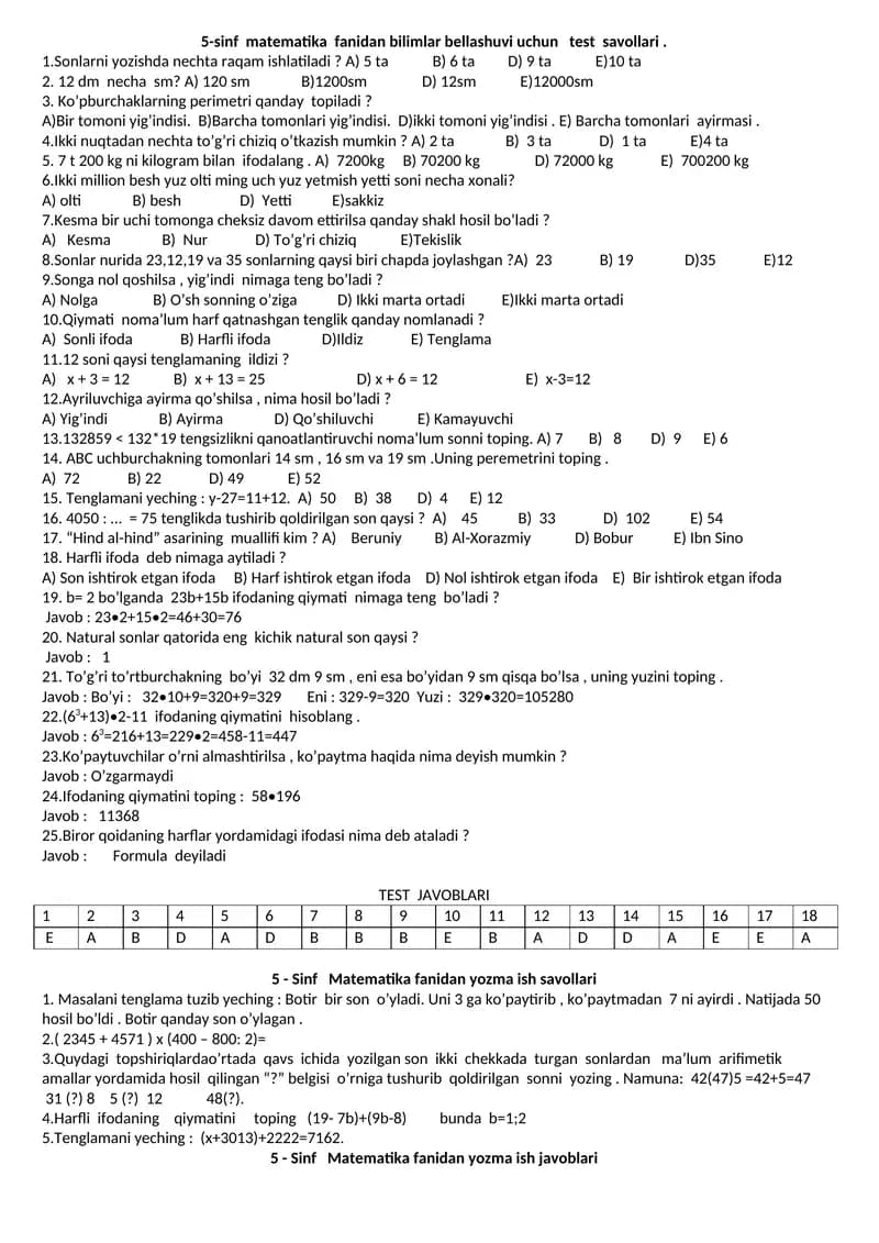 5-sinf matematika fanidan bilimlar bellashuvi uchun test savollari