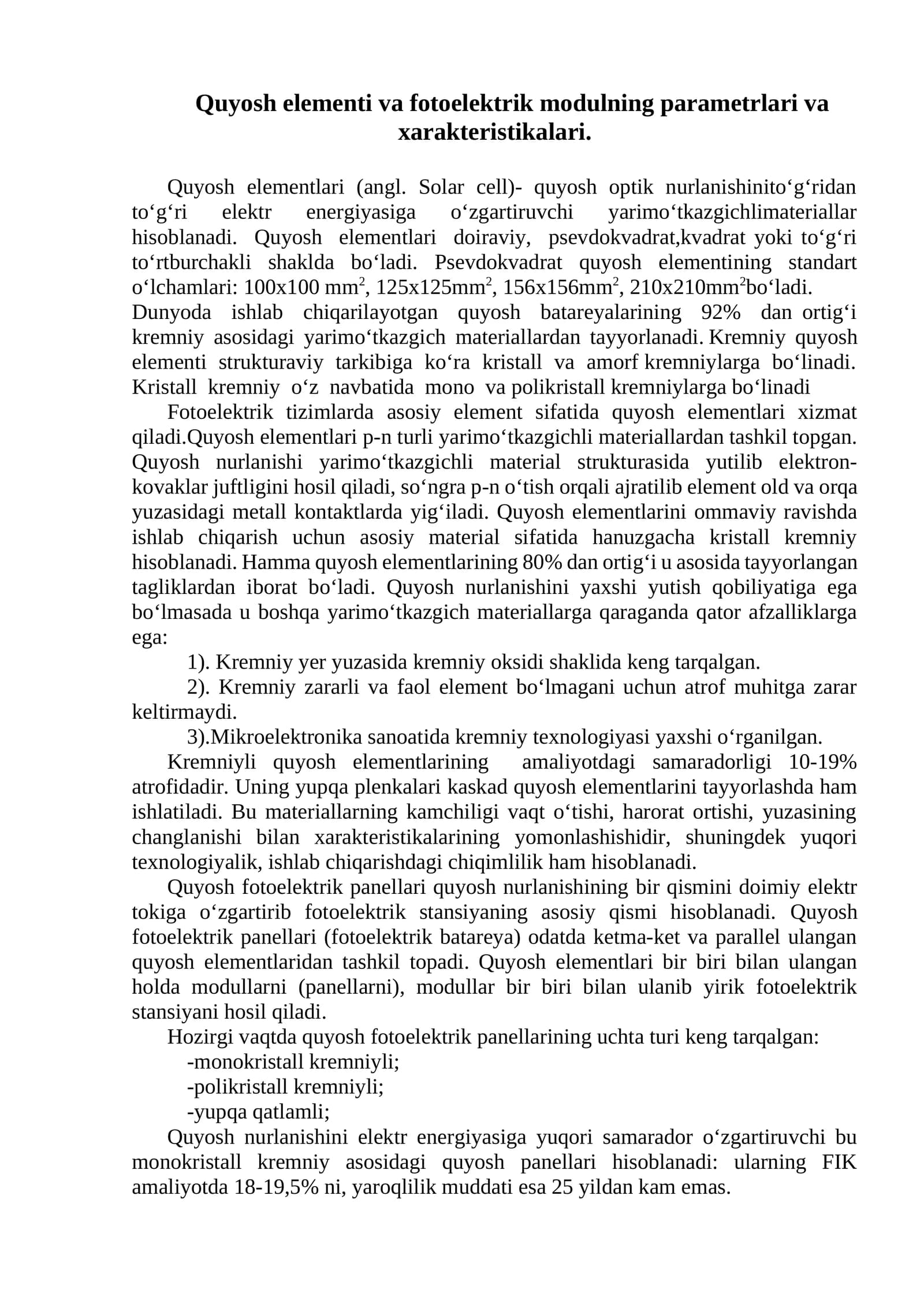 Quyosh elementi va fotoelektrik modulning parametrlari va xarakteristikalari