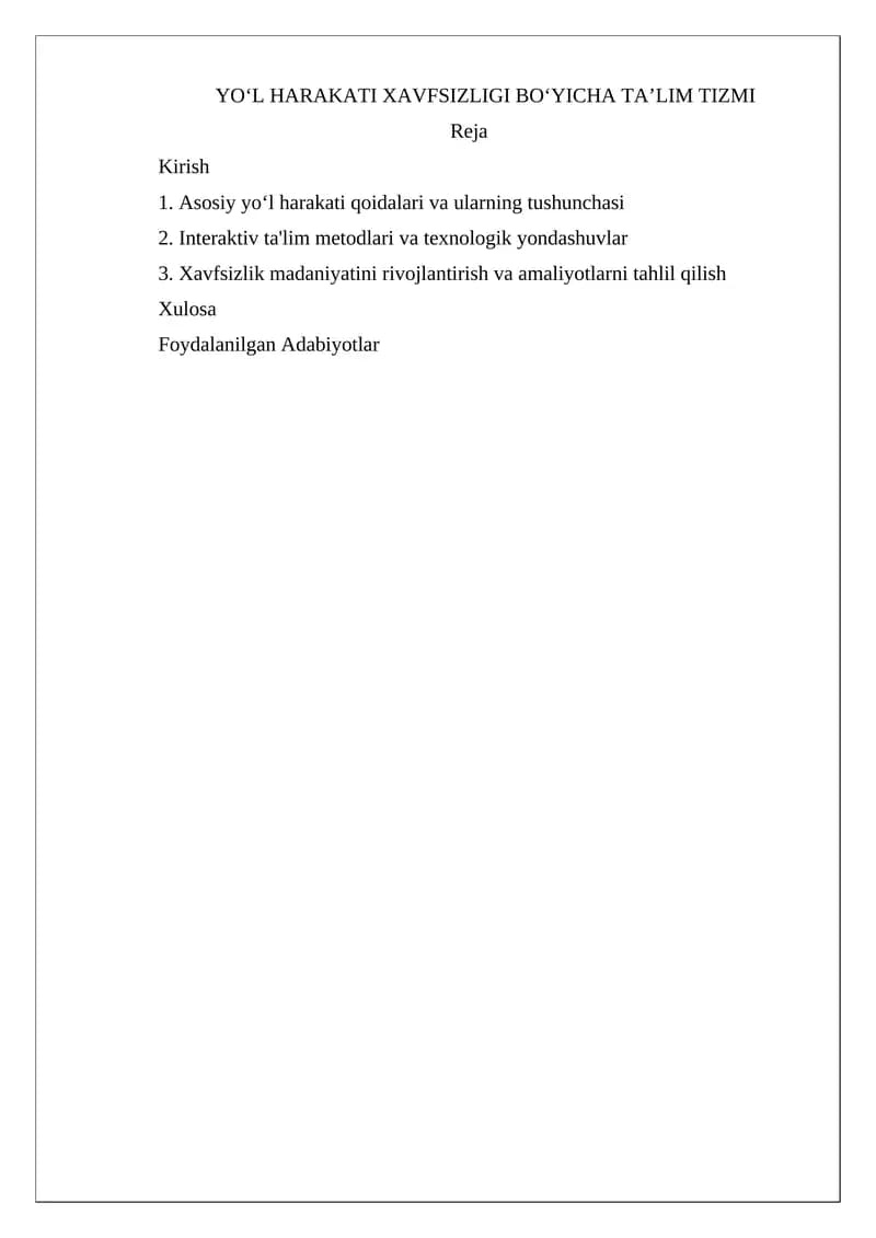 YOʻL HARAKATI XAVFSIZLIGI BOʻYICHA TAʼLIM TIZMI
