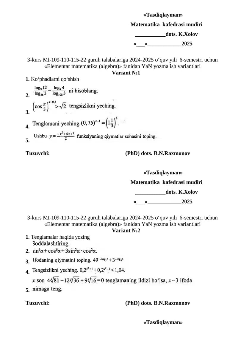 Elementar matematika (algebra) fanidan YaN yozma ish variantlari