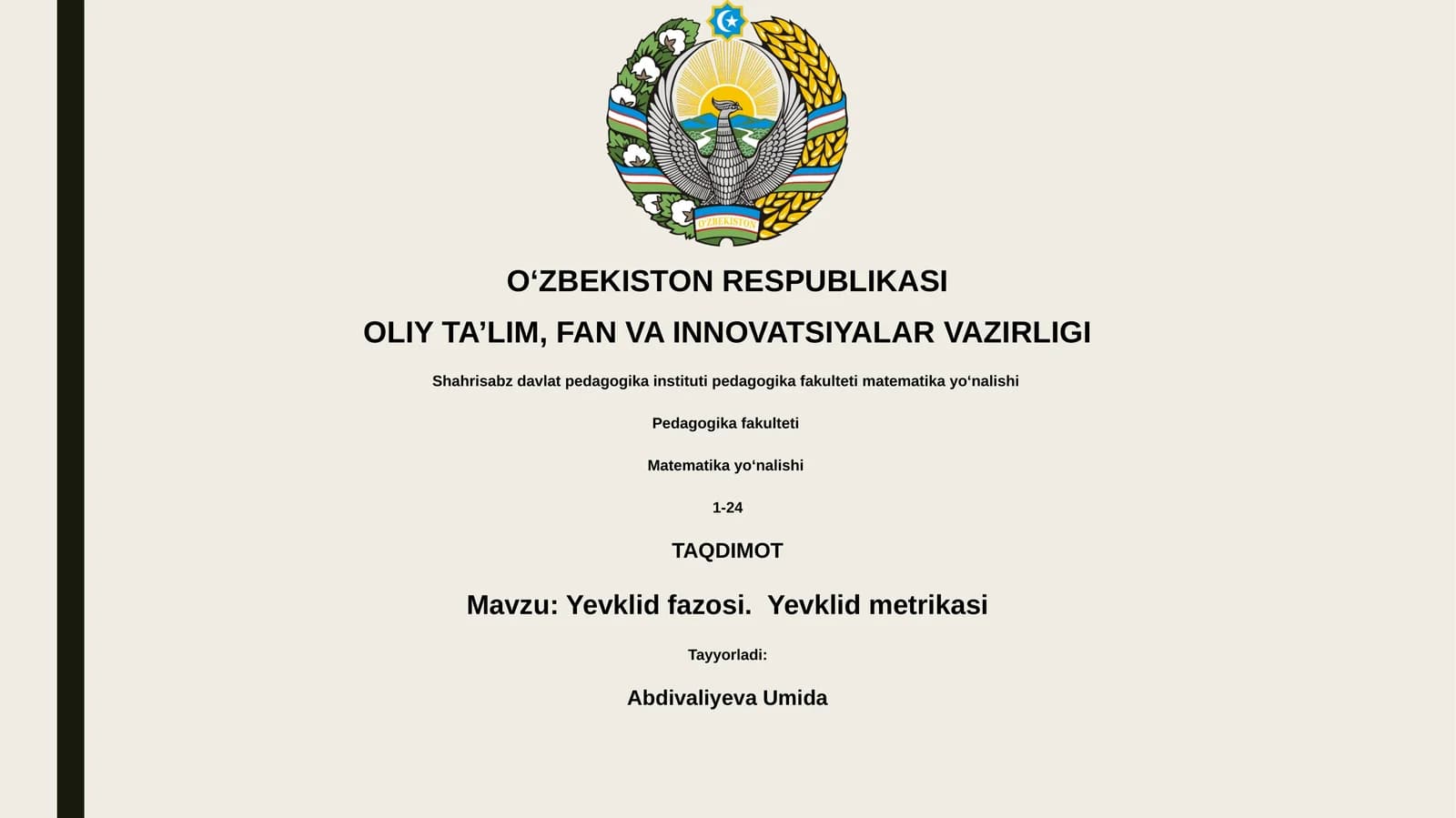 Yevklid fazosi. Yevklid metrikasi