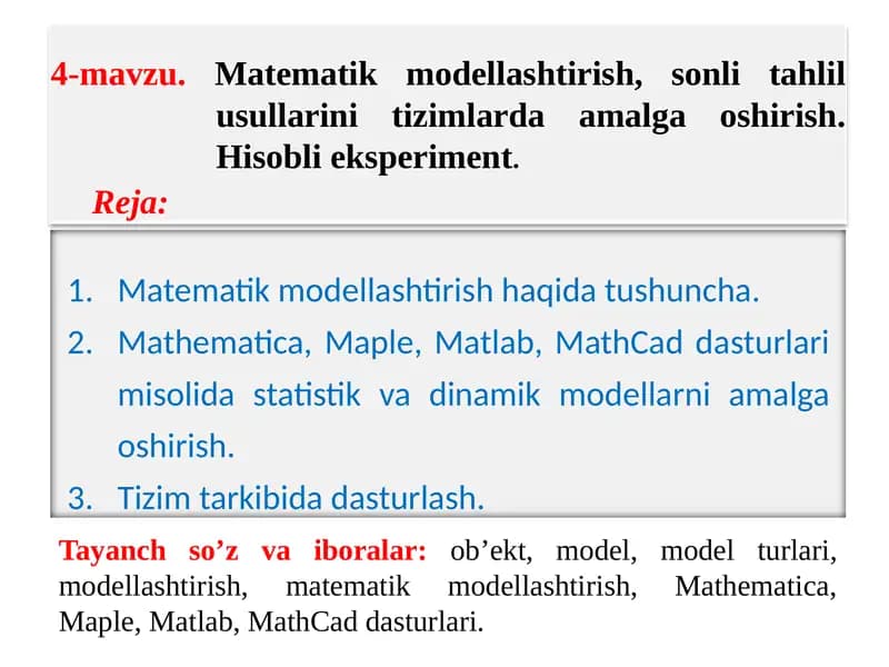 Matematik modellashtirish, sonli tahlil usullarini tizimlarda amalga oshirish. Hisobli eksperiment.