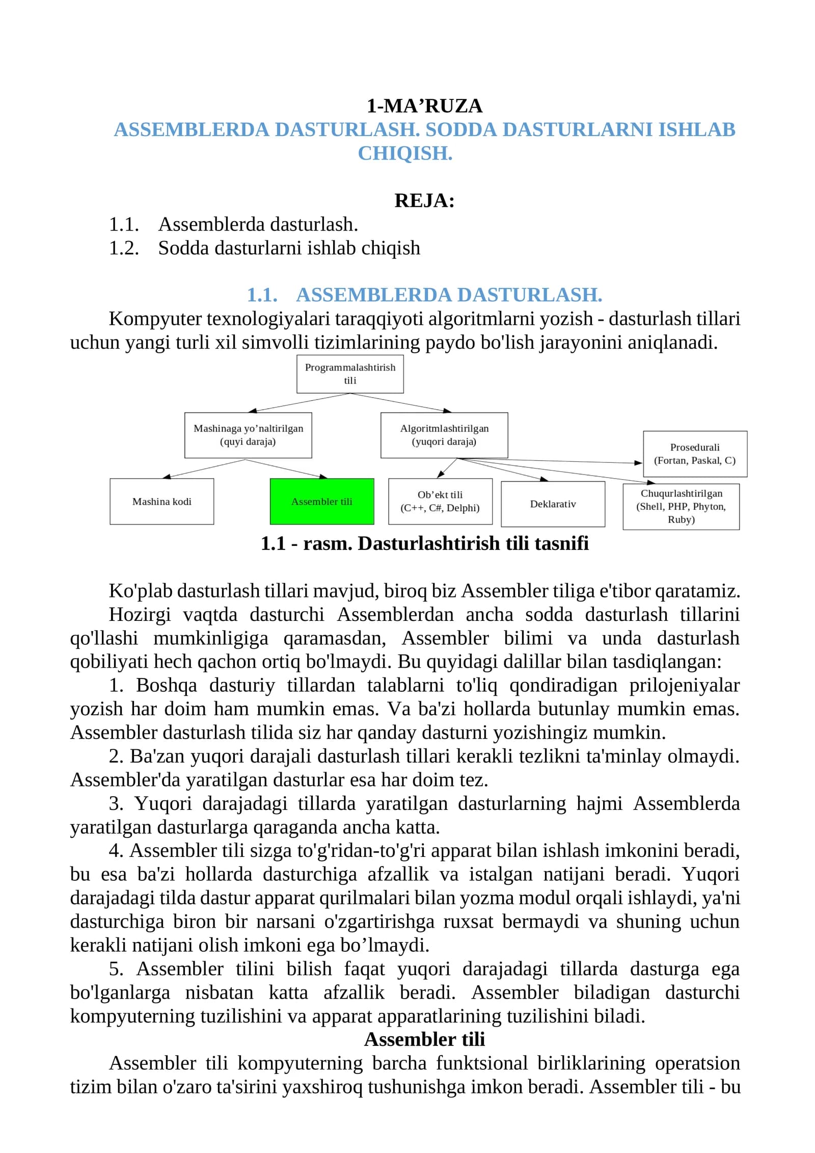 ASSEMBLERDA DASTURLASH. SODDA DASTURLARNI ISHLAB CHIQISH