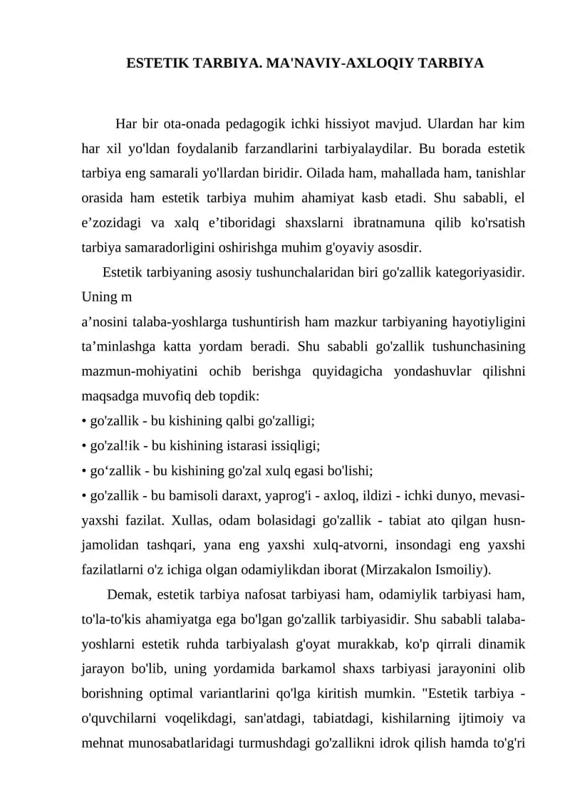 ESTETIK TARBIYA. MA'NAVIY-AXLOQIY TARBIYA