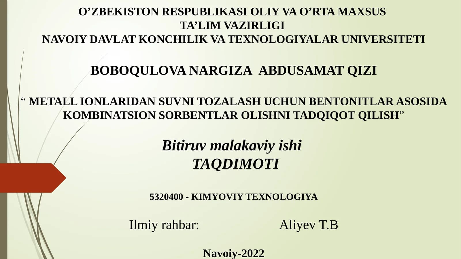 METALL IONLARIDAN SUVNI TOZALASH UCHUN BENTONITLAR ASOSIDA KOMBINATSION SORBENTLAR OLISHNI TADQIQOT QILISH