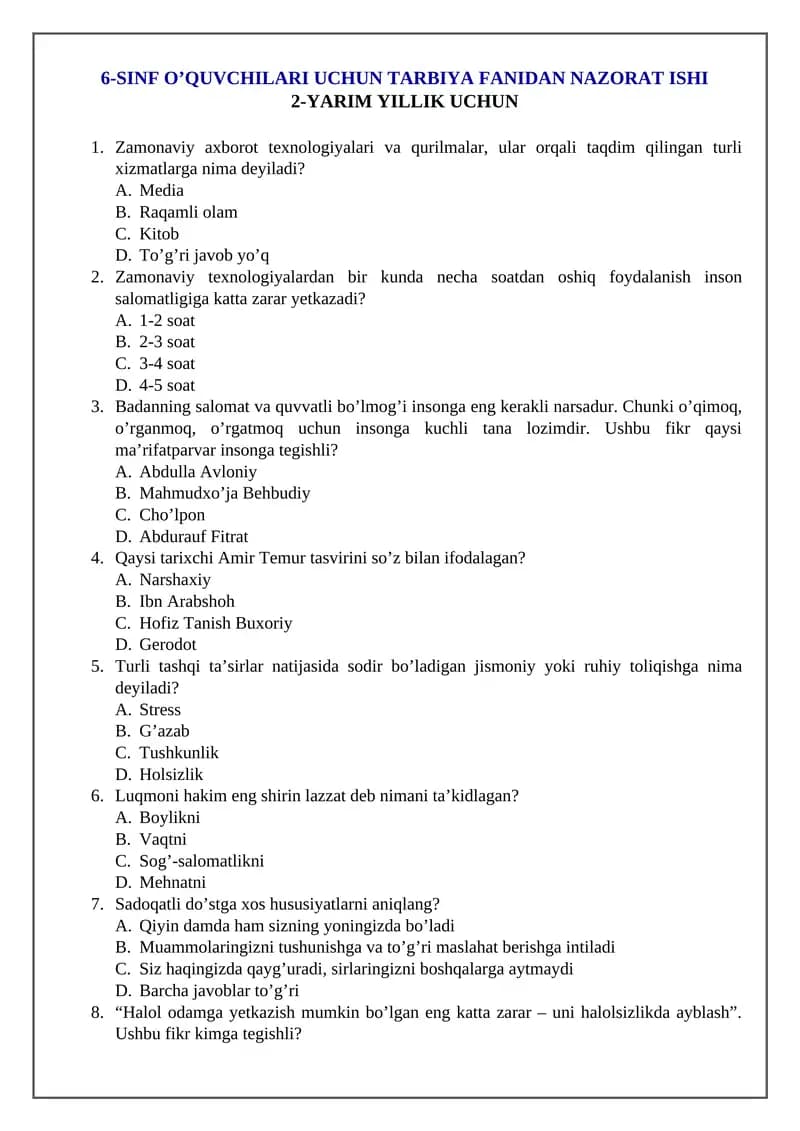 6-SINF O’QUVCHILARI UCHUN TARBIYA FANIDAN NAZORAT ISHI 2-YARIM YILLIK UCHUN