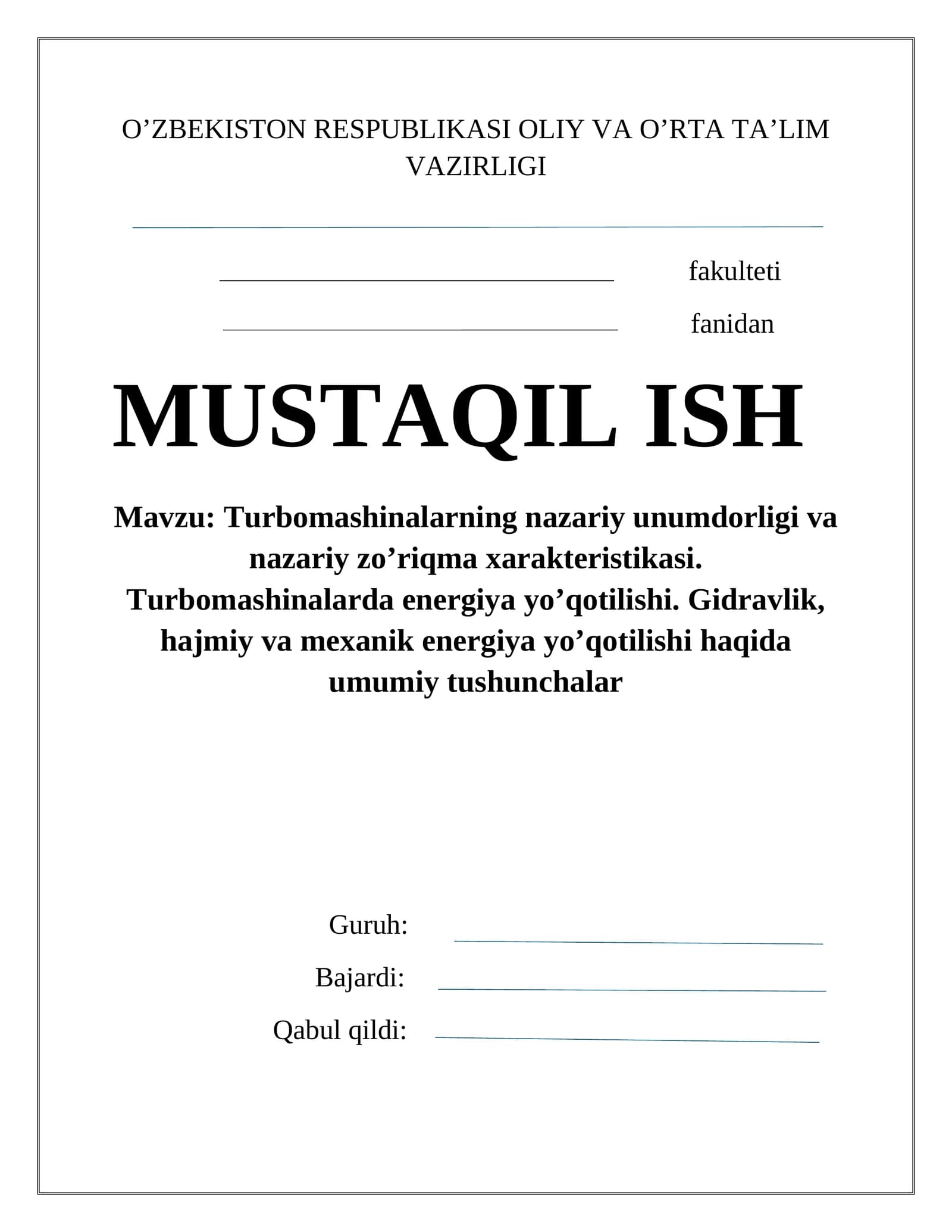 Turbomashinalarning nazariy unumdorligi va nazariy zo’riqma xarakteristikasi