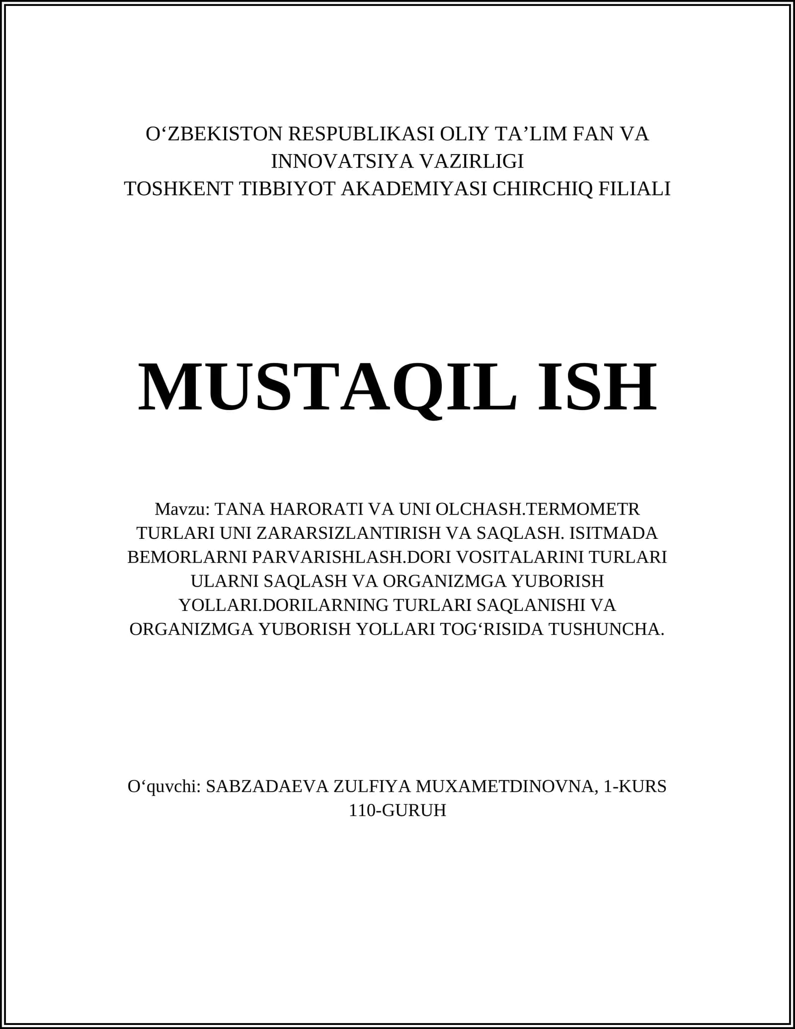 TANA HARORATI VA UNI OLCHASH.TERMOMETR TURLARI UNI ZARARSIZLANTIRISH VA SAQLASH