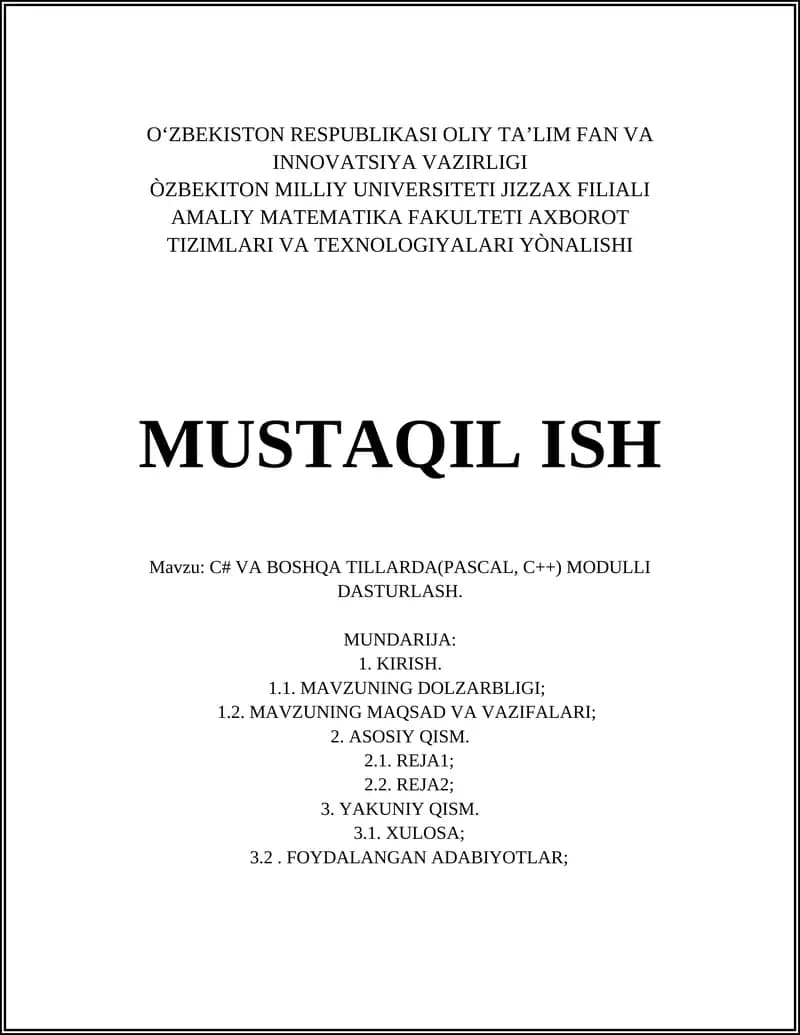 Modulli Dasturlashga Kirish (C#, Pascal, C++)
