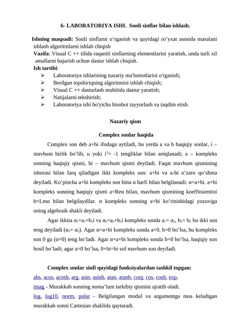 6- LABORATORIYA ISHI. Sonli sinflar bilan ishlash
