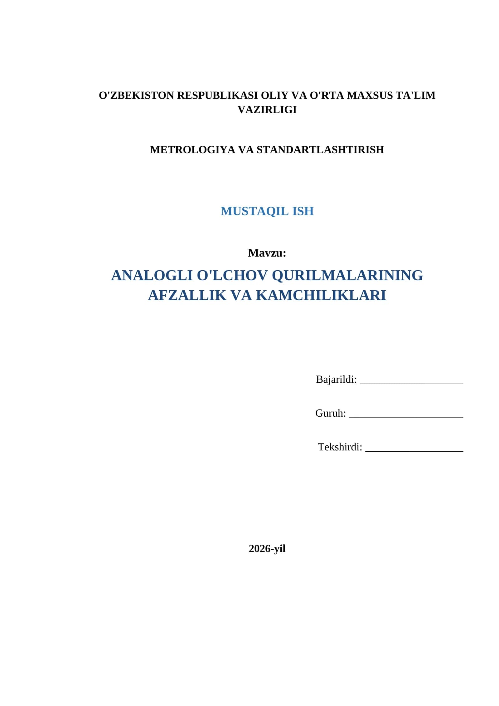 "Analogli o'lchov qurilmalari" (Metrologiya va Standartlashtirish)