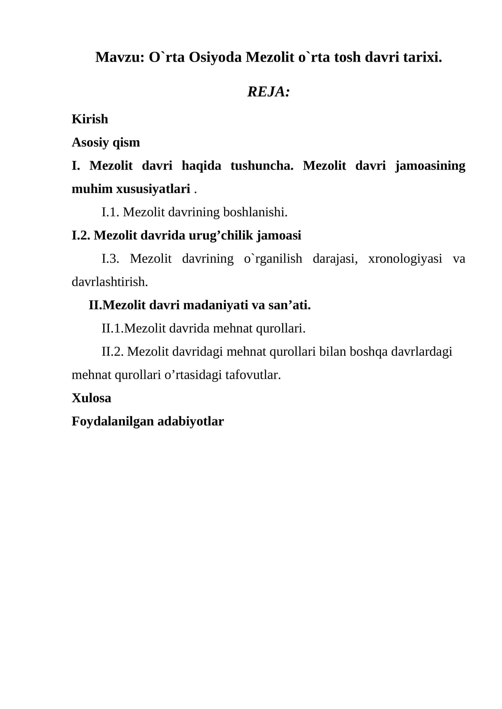 O`rta Osiyoda Mezolit o`rta tosh davri tarixi
