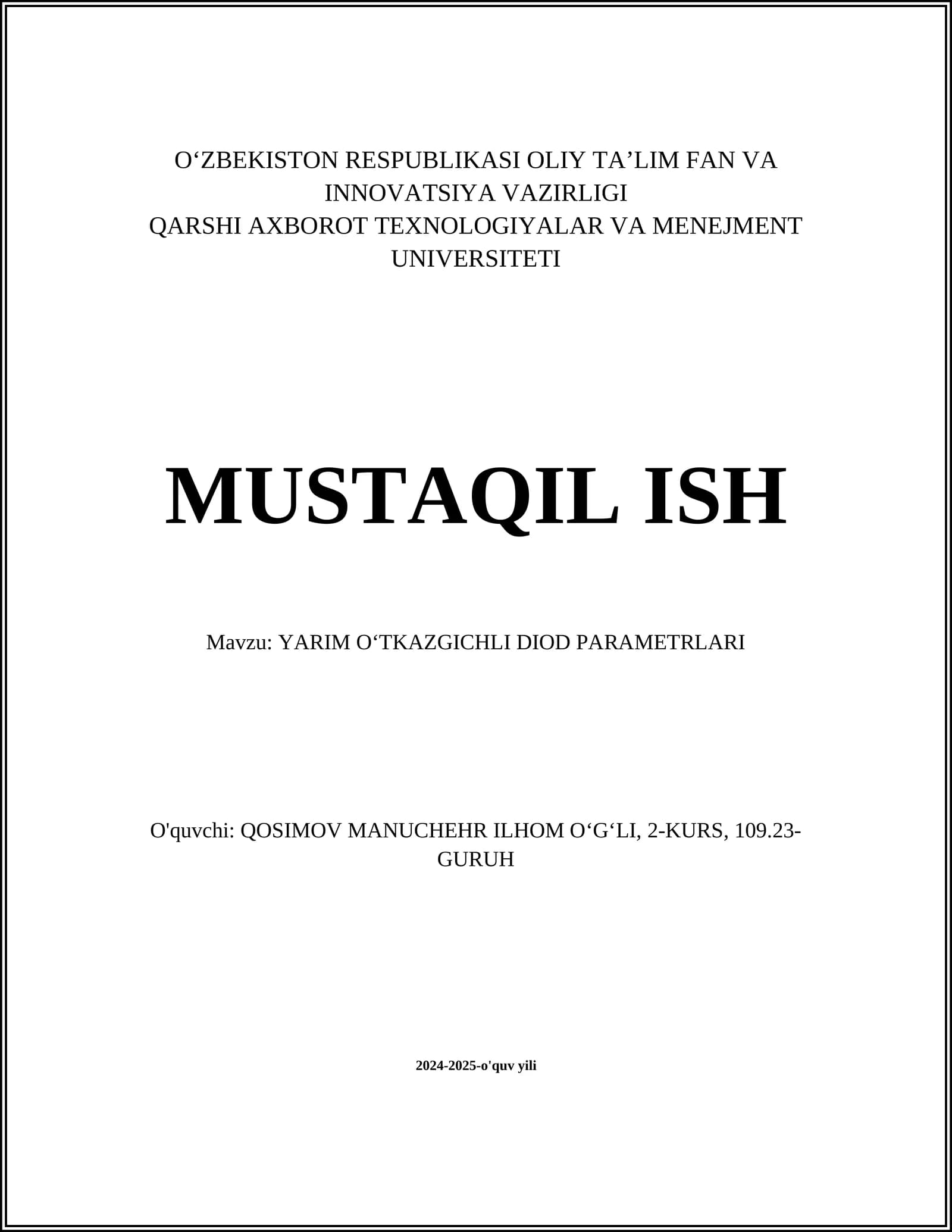 YARIM OʻTKAZGICHLI DIOD PARAMETRLARI