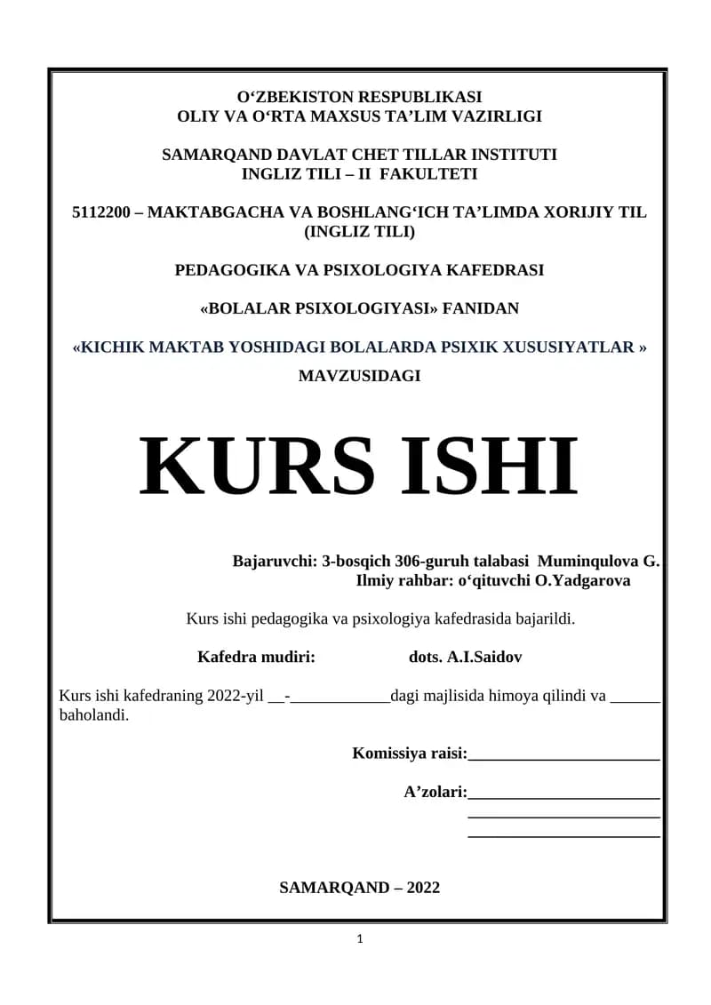 "Kichik maktab yoshidagi bolalarda psixik xususiyatlar"