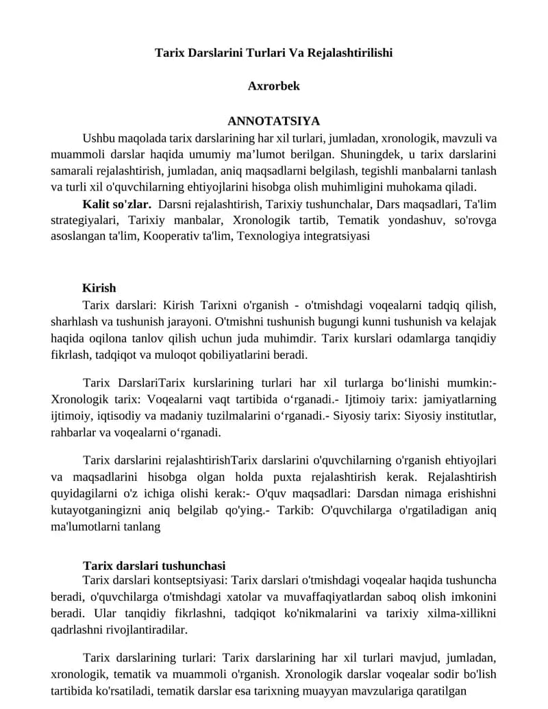 Tarix Darslarini Turlari Va Rejalashtirilishi