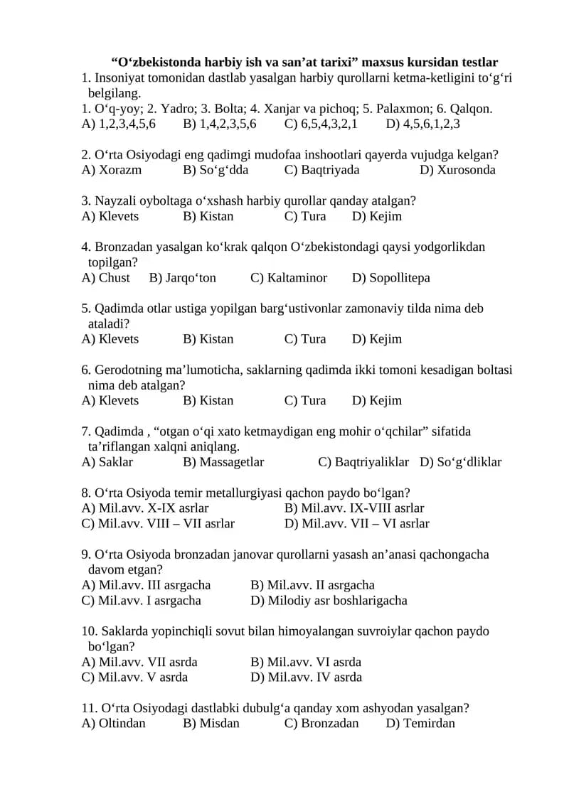 O‘zbеkistоndа hаrbiy ish vа sаn’аt tаriхi mахsus kursi